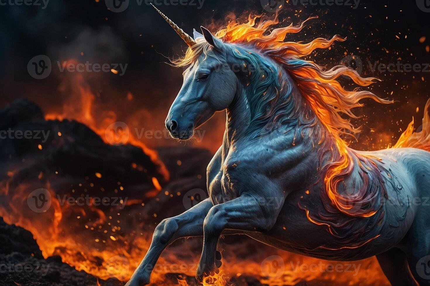 un' unicorno con fuoco su suo indietro in esecuzione foto