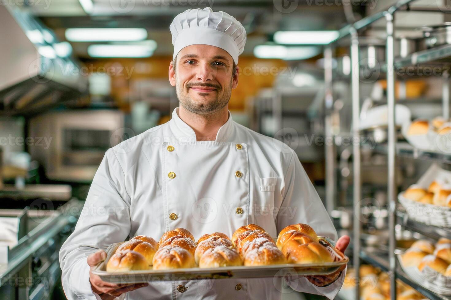 un' uomo è un' panettiere nel un' forno, Tenere un' vassoio di fresco panini. foto