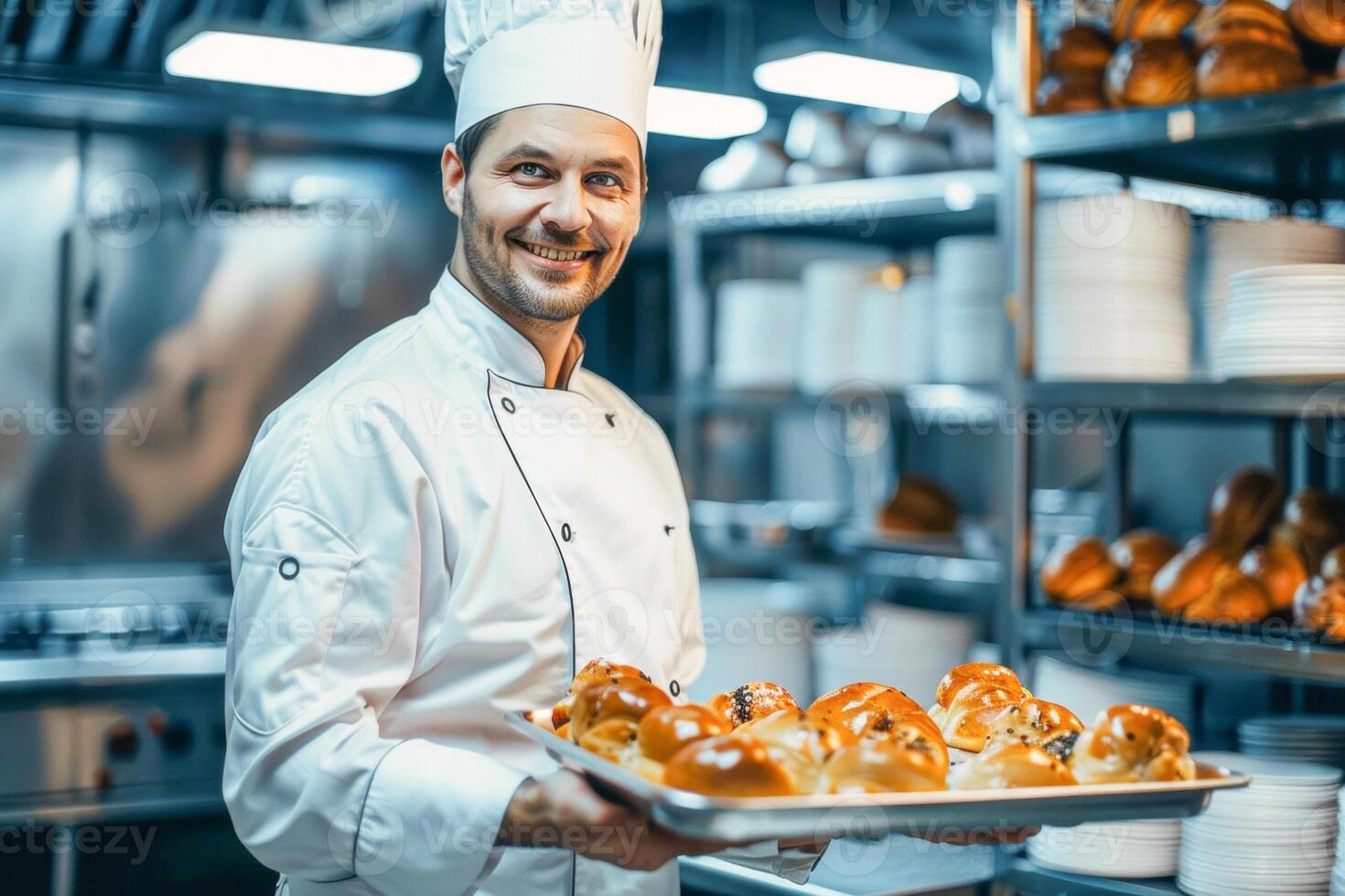 un' uomo è un' panettiere nel un' forno, Tenere un' vassoio di fresco panini. foto