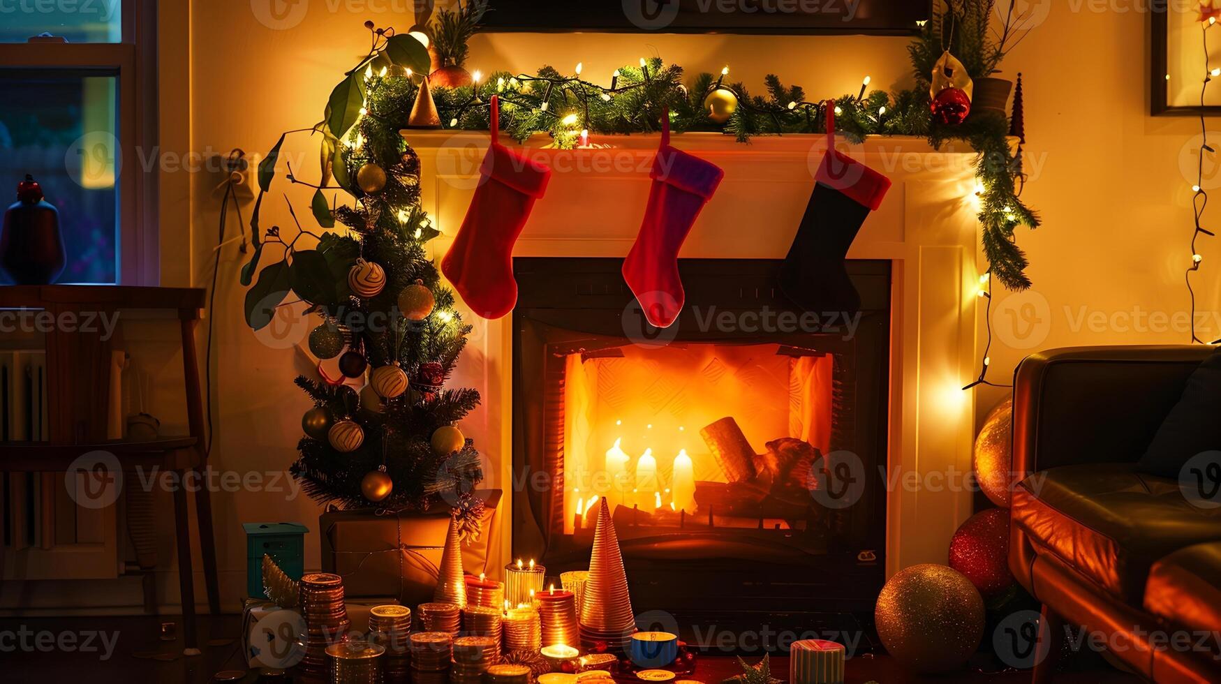 Natale camino con accogliente arredamento e caldo illuminazione nel festivo casa interno foto