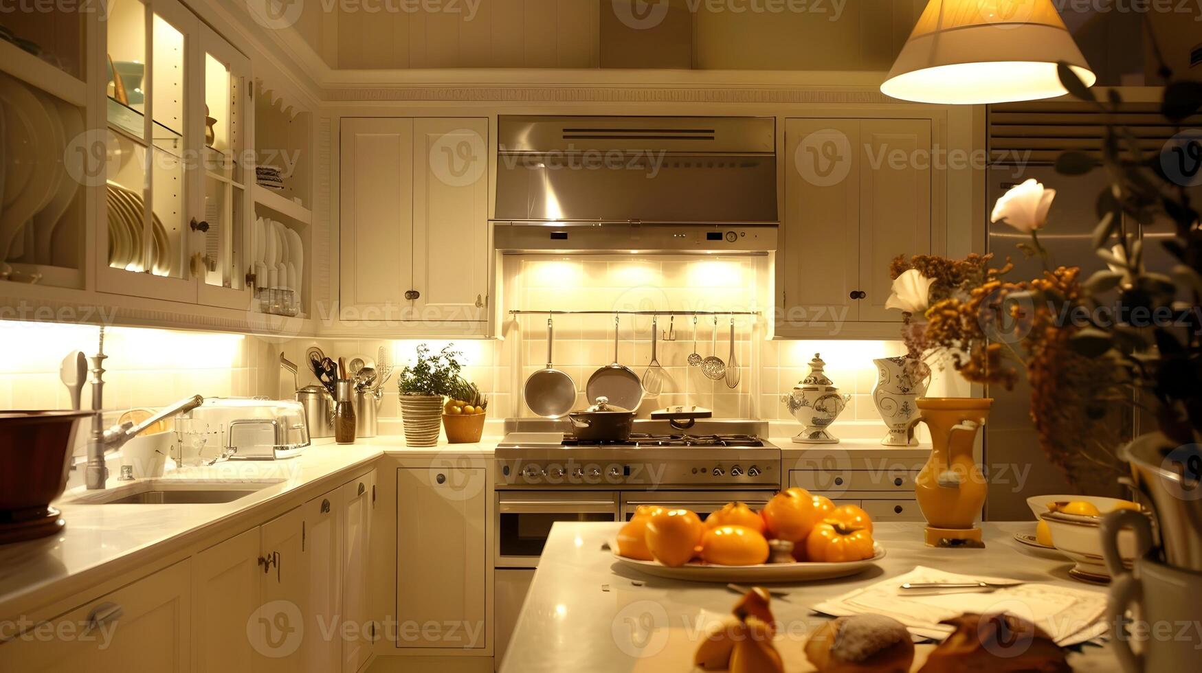 ben arredato e accogliente tradizionale cucina con caldo illuminazione e fresco produrre foto