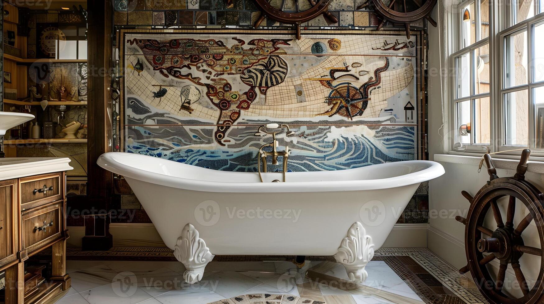 lussuoso antico di ispirazione nautica bagno con ornato mosaico parete murale foto
