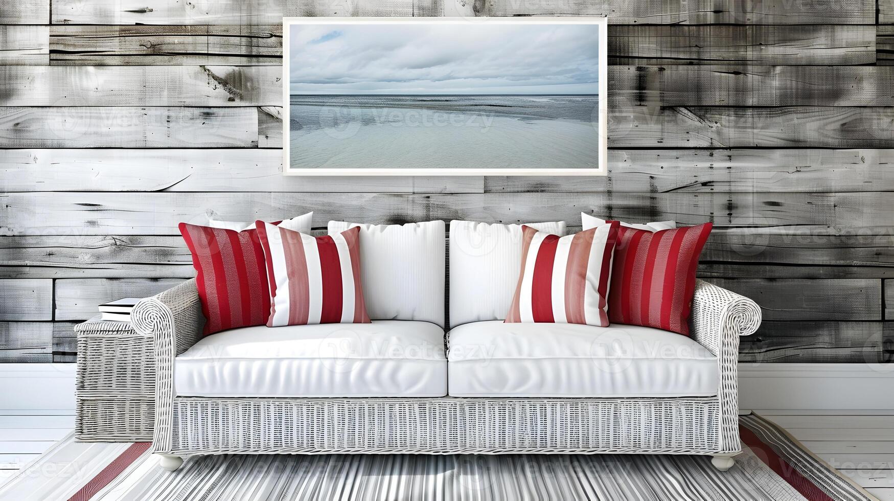 accogliente e invitante rustico vivente camera con a strisce divano e opera d'arte foto
