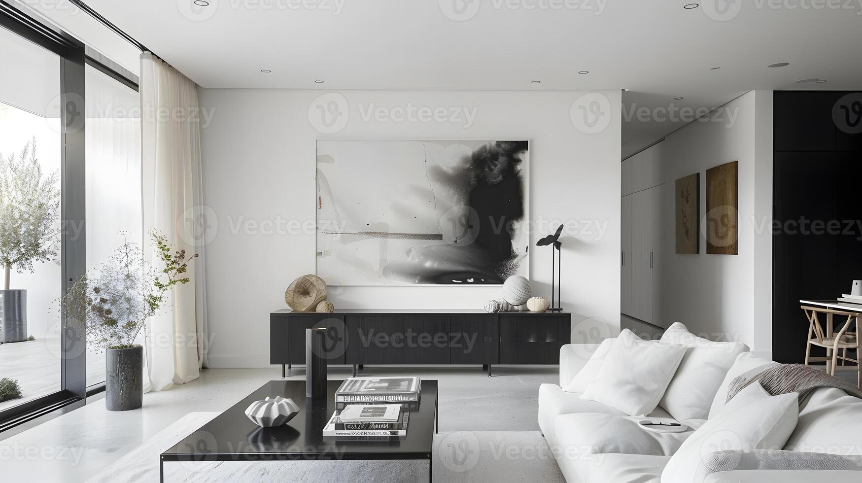 spazioso e sofisticato vivente camera con travolgente parete opera d'arte foto