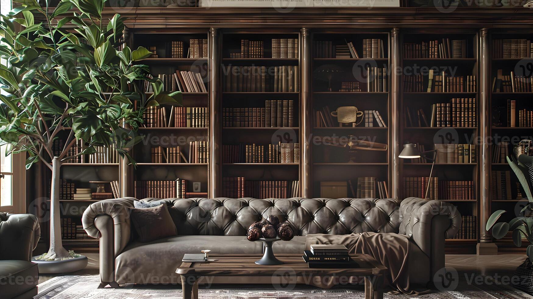 accogliente angolo nel un' d'ispirazione vintage casa biblioteca con trapuntata pelle arredamento e lussureggiante verdura foto