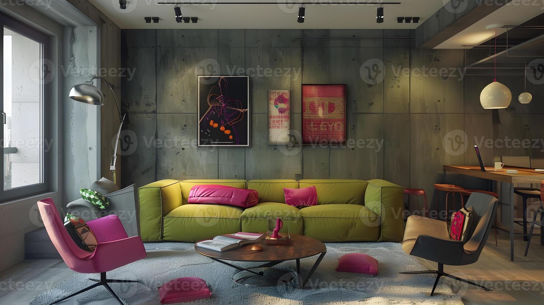 elegante e vivace moderno industriale soffitta vivente camera con colorato arredamento e travolgente opera d'arte viene visualizzato foto