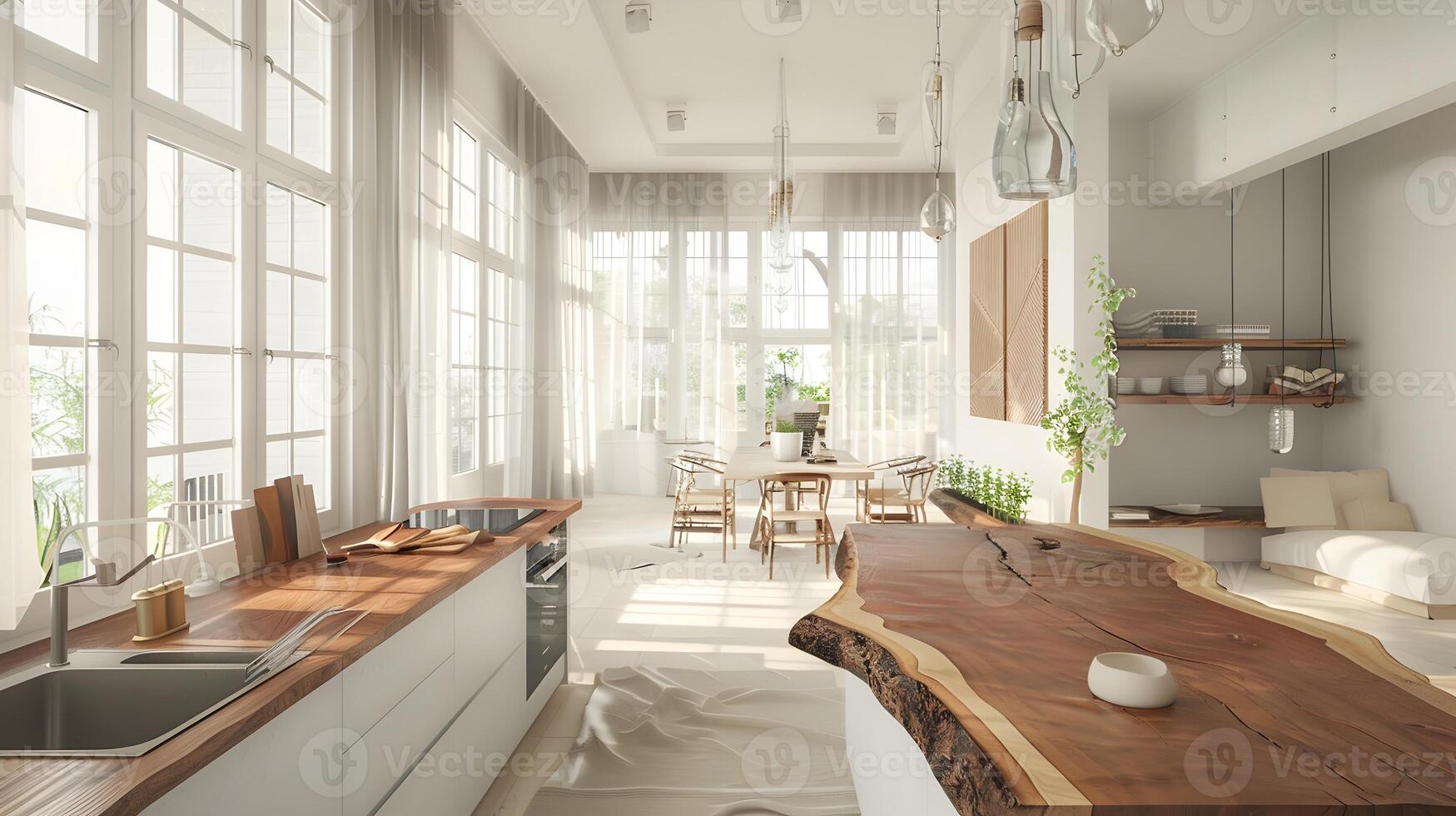 moderno cucina con vivere bordo legna Accenti e rustico fascino foto