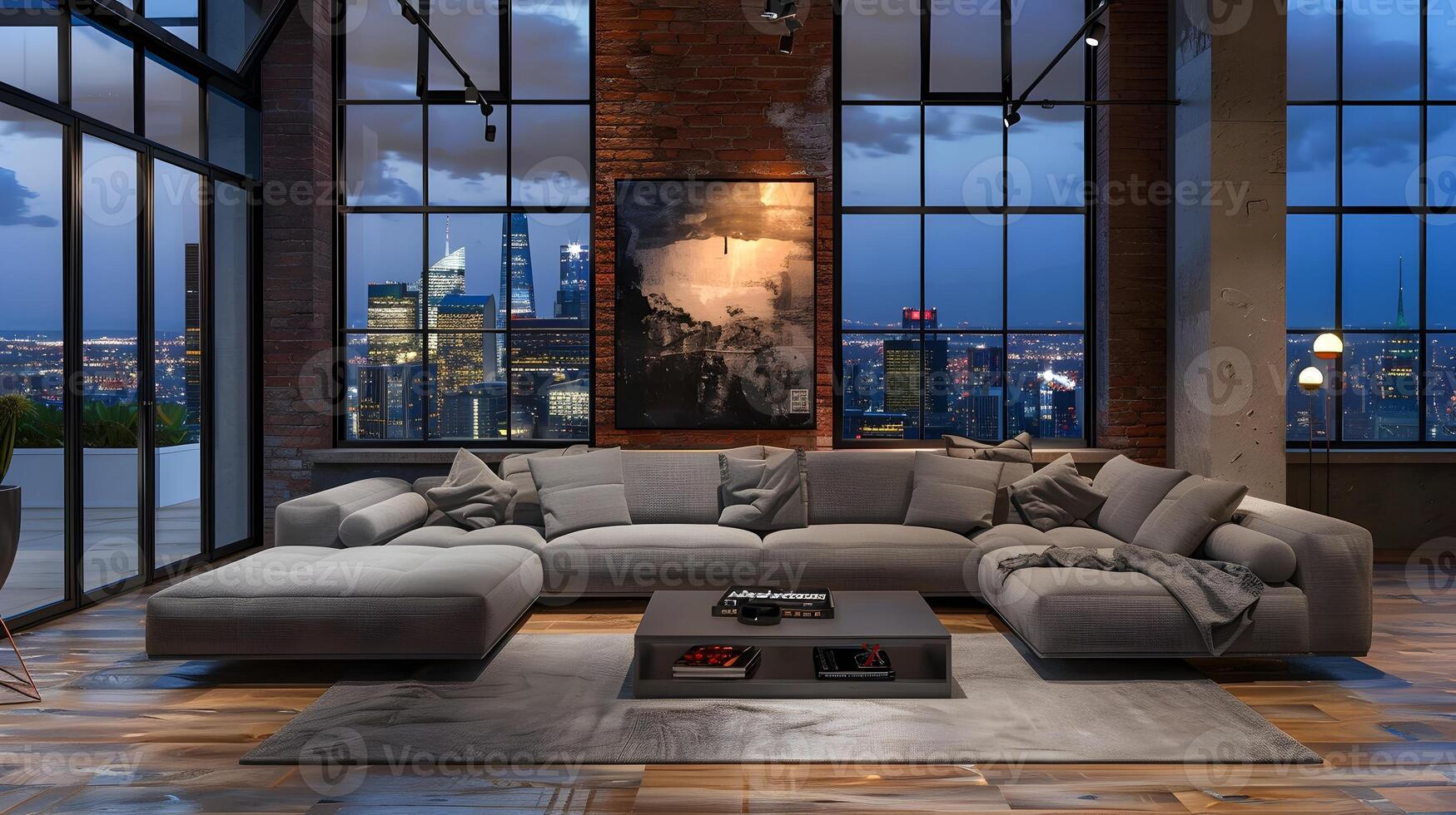 stile industriale vivente camera con grigio tessuto a forma di l divano prospiciente città orizzonte a notte foto