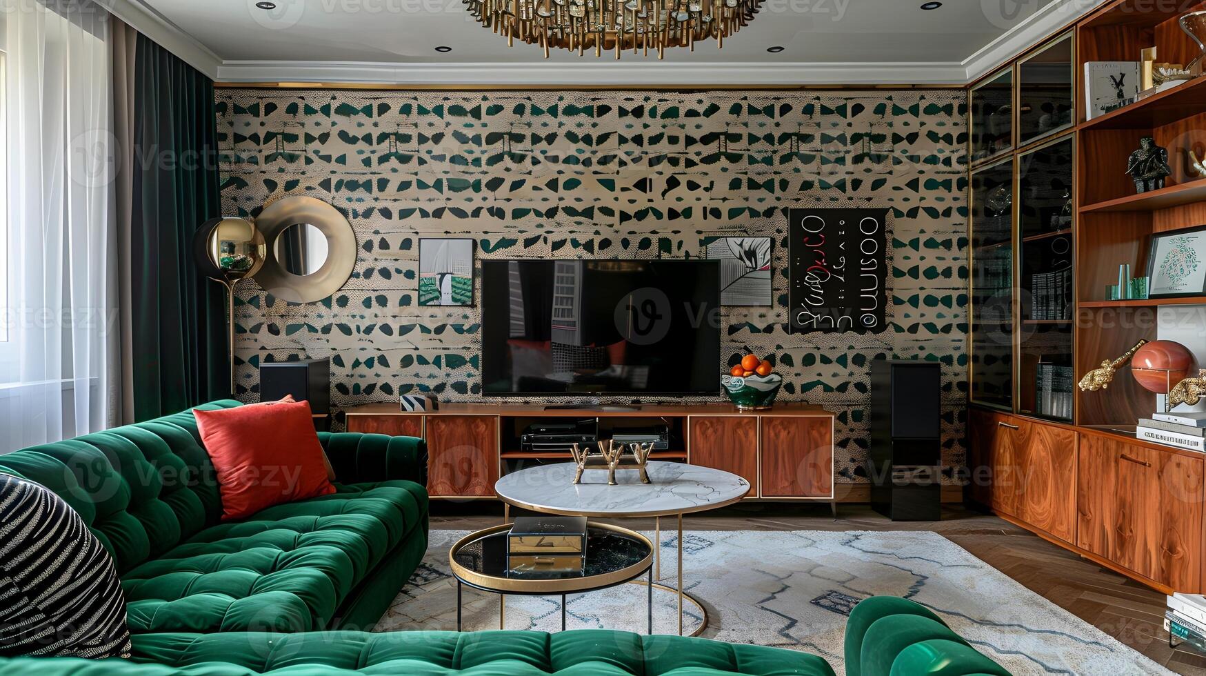 arte di ispirazione deco vivente camera con Smeraldo velluto divano e moderno tv nel st petersburg appartamento foto