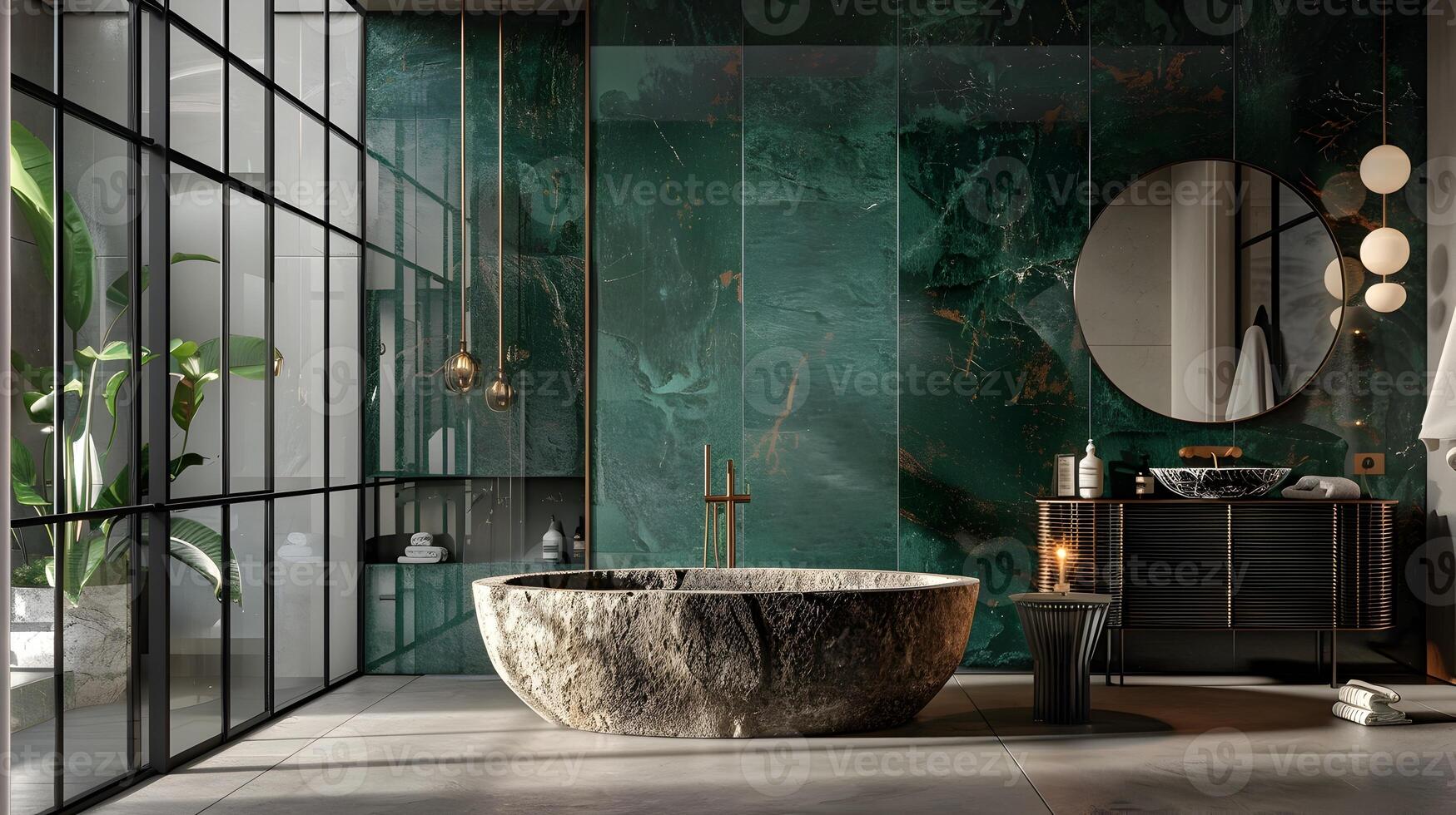 contemporaneo bagno design con buio verde marmo accento parete e pietra vasca da bagno nel moderno stile foto