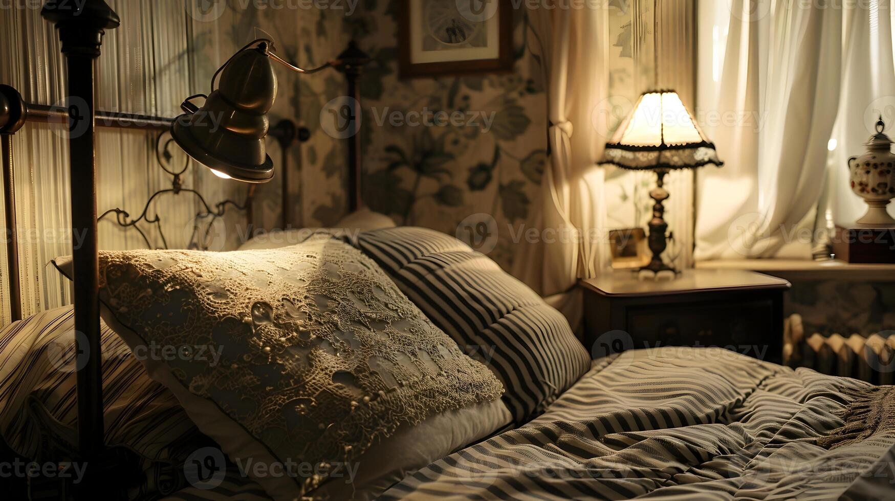 Vintage ▾ ferro letto ornato con merlettato cuscini nel un' senza tempo vittoriano era Camera da letto ambientazione foto