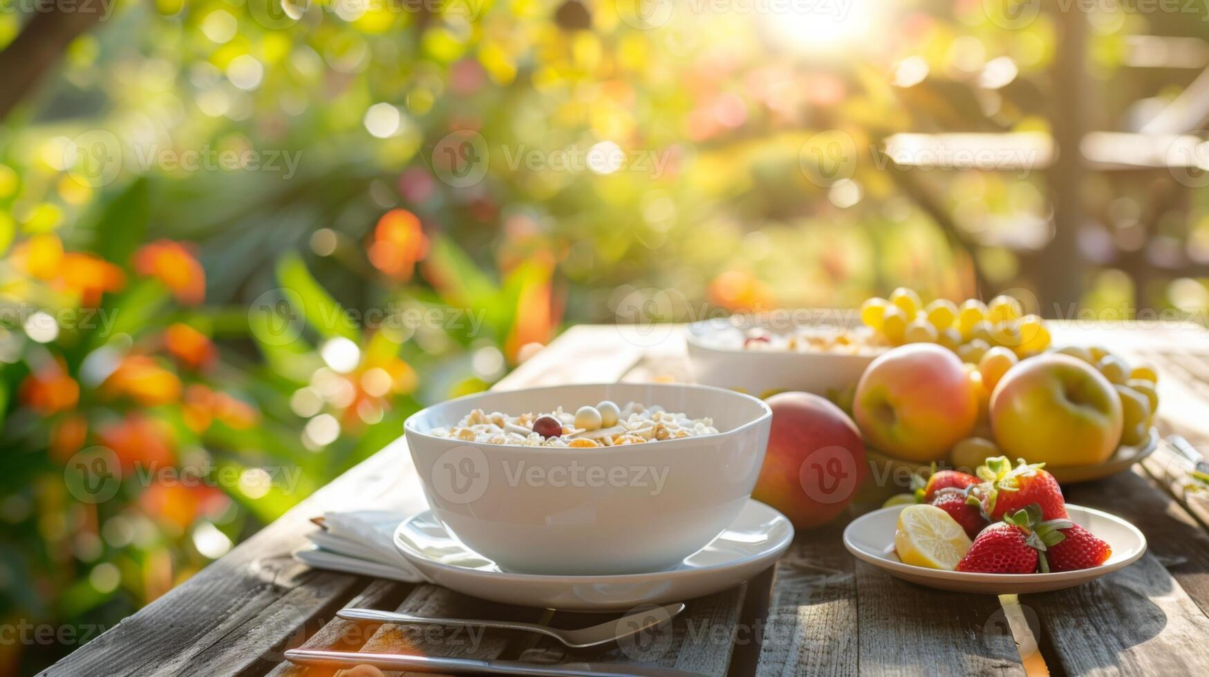 un all'aperto prima colazione ambientazione con ciotole di fiocchi d'avena e frutta su un' picnic tavolo, foto