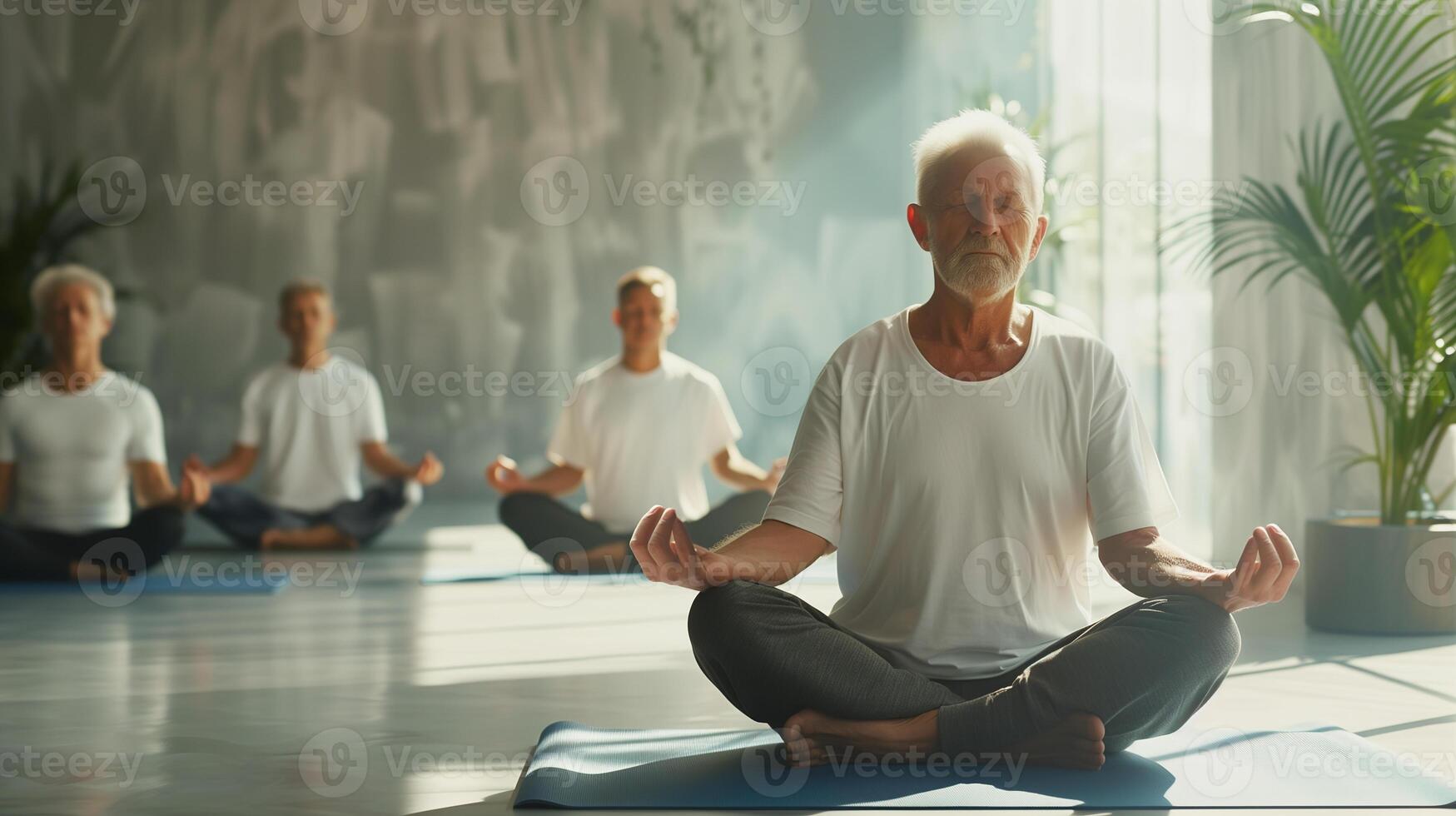 più vecchio uomini pratica yoga, meditare nel yoga classi e condurre un attivo e salutare stile di vita. la pensione Hobby e tempo libero attività per il anziano. bokeh nel il sfondo. foto