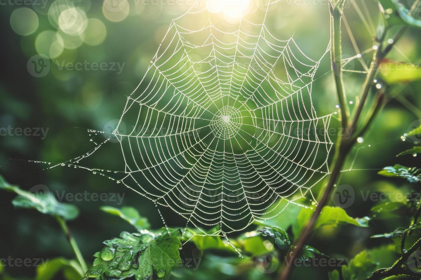 illuminata dal sole rugiadoso ragno ragnatela tra verde le foglie foto