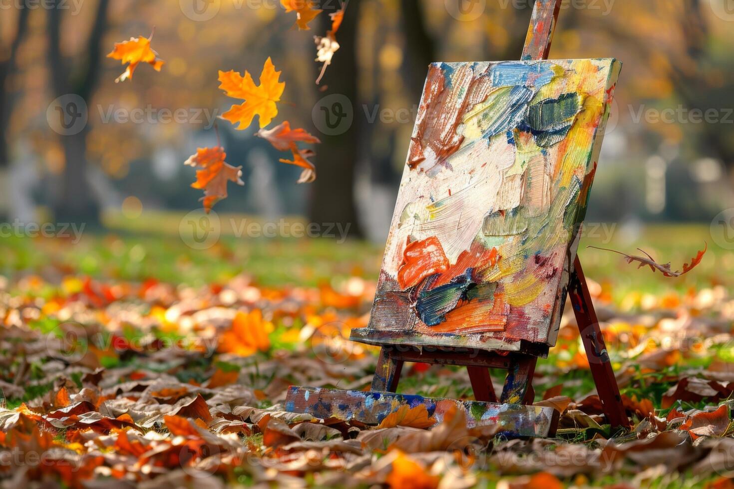 cavalletto e pittura in mezzo autunno le foglie foto