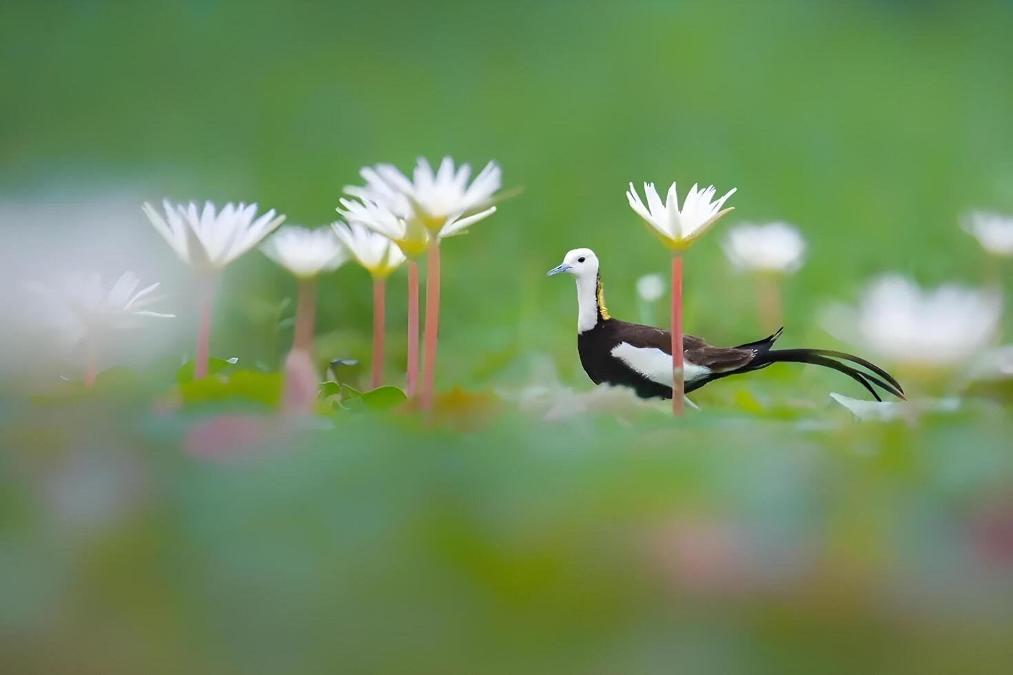 un' uccello è in piedi nel davanti di alcuni fiori foto