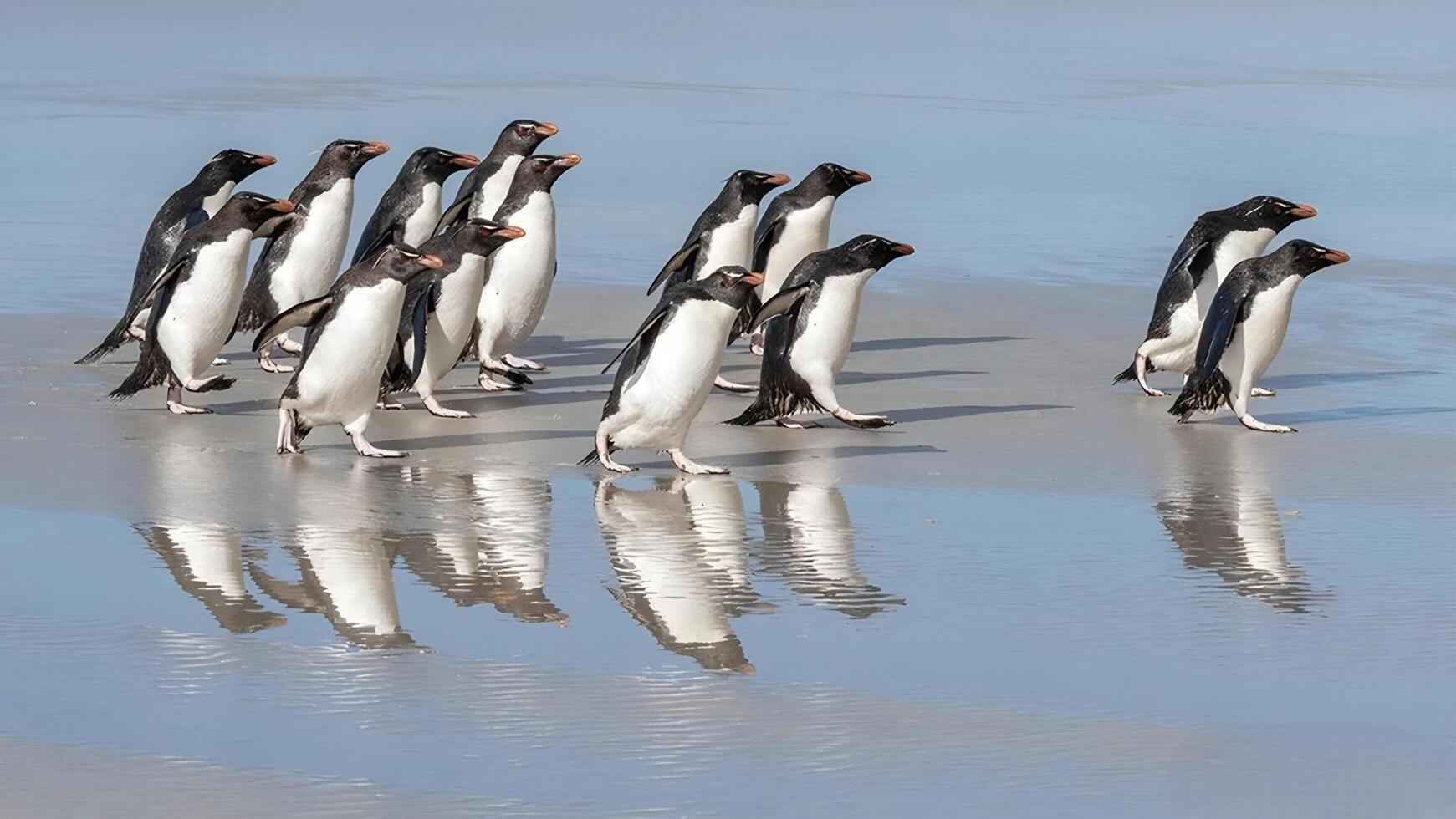 un' gruppo di pinguini a piedi su il spiaggia foto