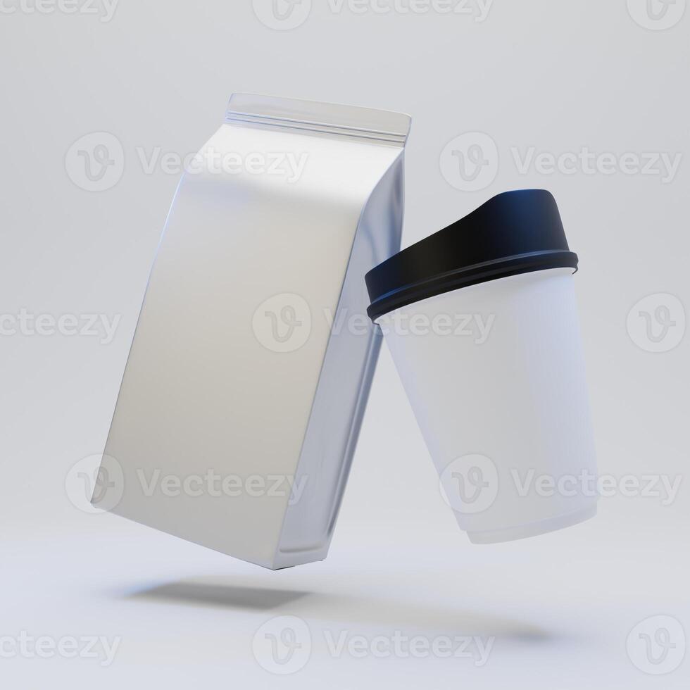 modello di Foglio marsupio confezione e caffè tazza, davanti Visualizza prospettiva isolato su bianca sfondo foto
