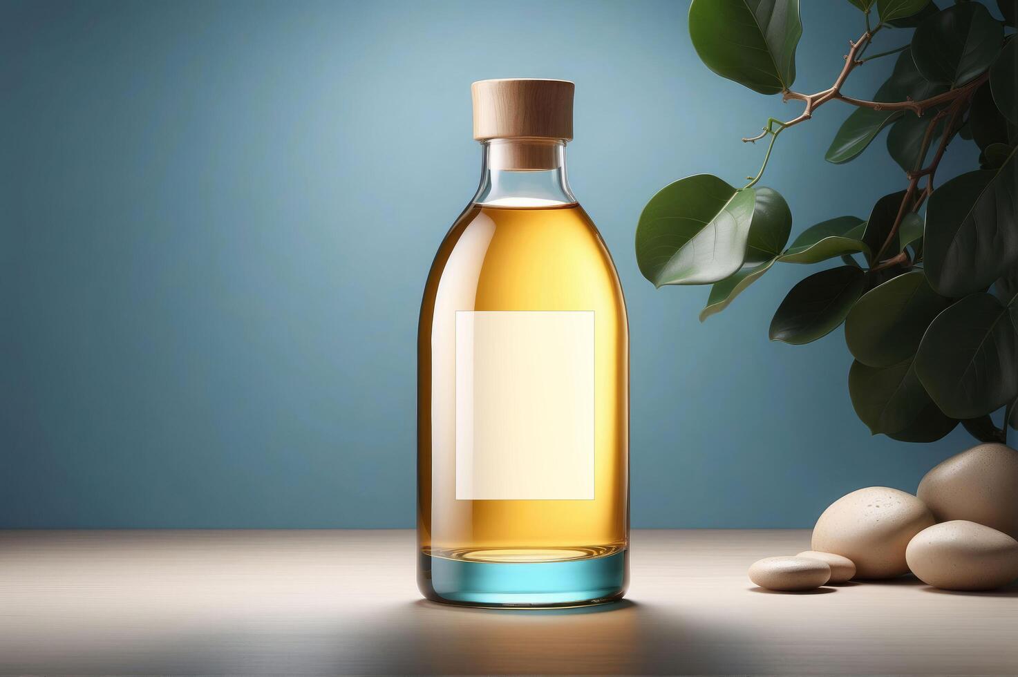 premio naturale cura della pelle olio nel chiaro bottiglia con vuoto etichetta - eco-friendly bellezza confezione concetto foto