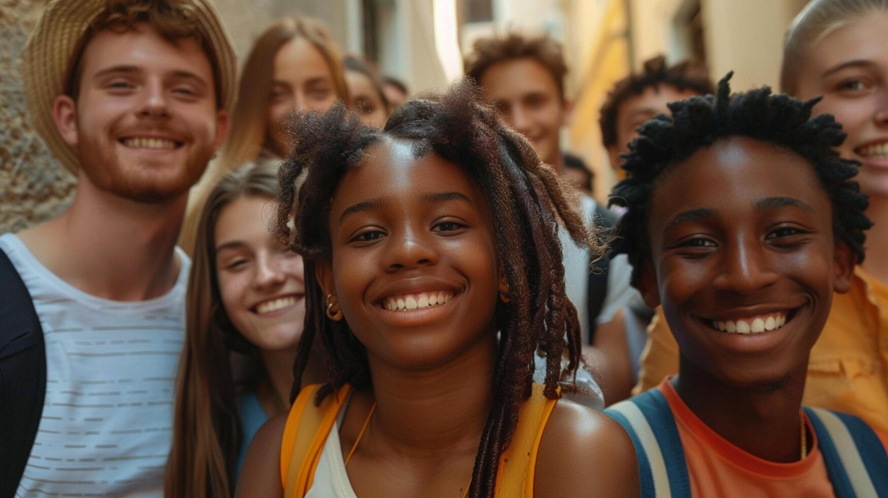 un' diverso gruppo di giovane adulti sorridente guardare foto