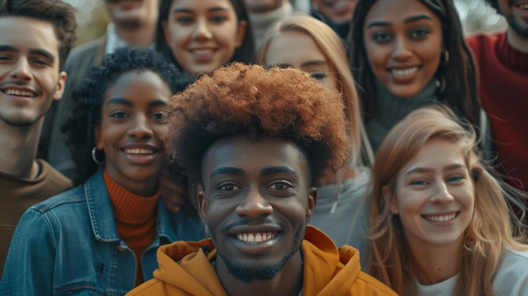 un' diverso gruppo di giovane adulti sorridente guardare foto