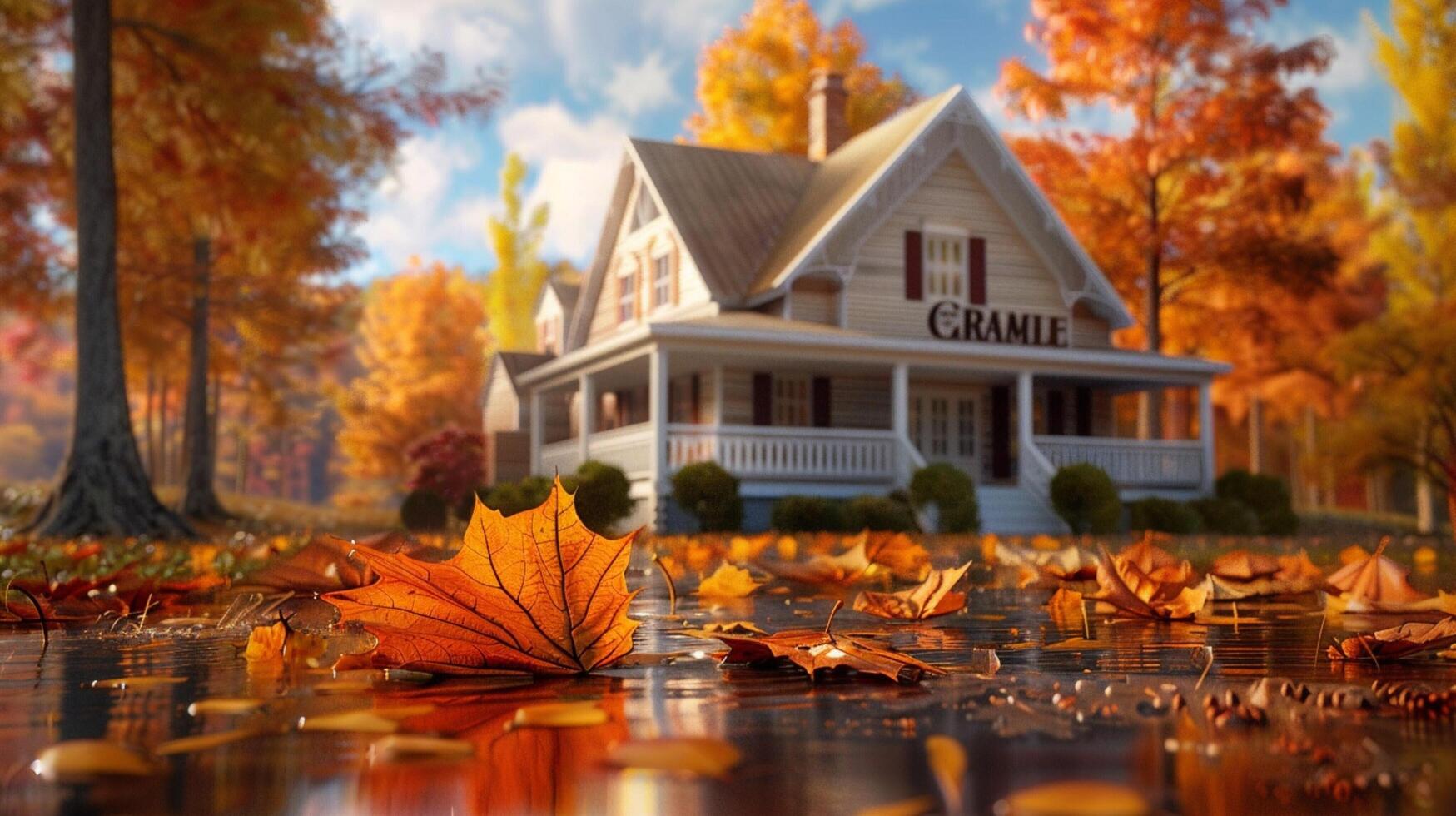 un' Casa con un' foglia quello ha il parola autunno su esso foto
