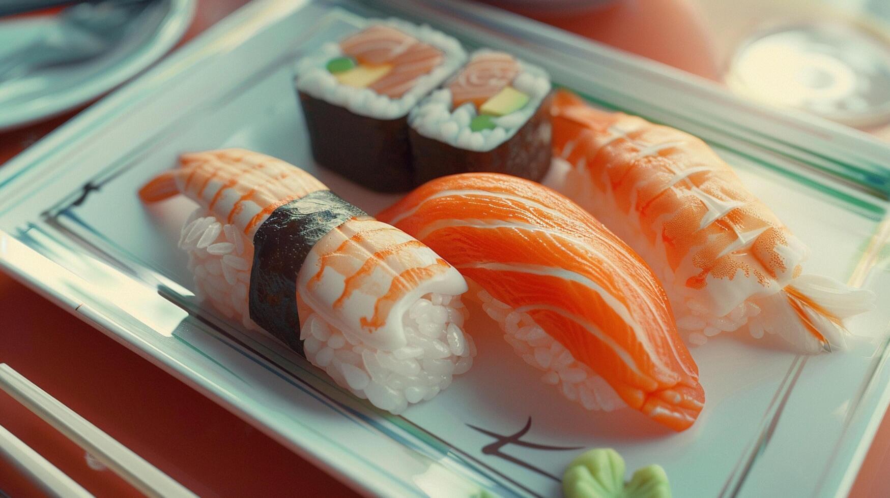 un' pittura di Sushi e un' piatto con un' immagine foto