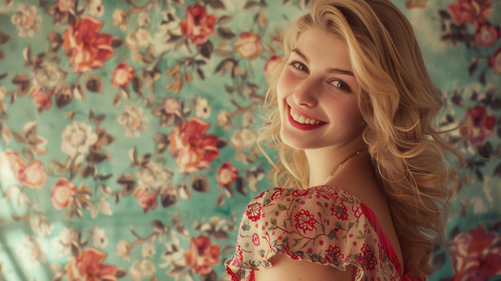 bellissimo biondo donna nel un' floreale vestito sorridente foto