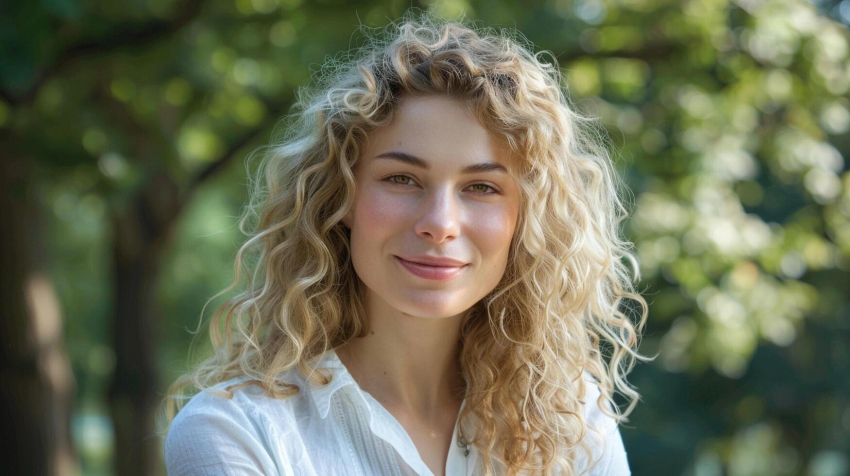 bellissimo biondo donna con Riccio capelli guardare foto