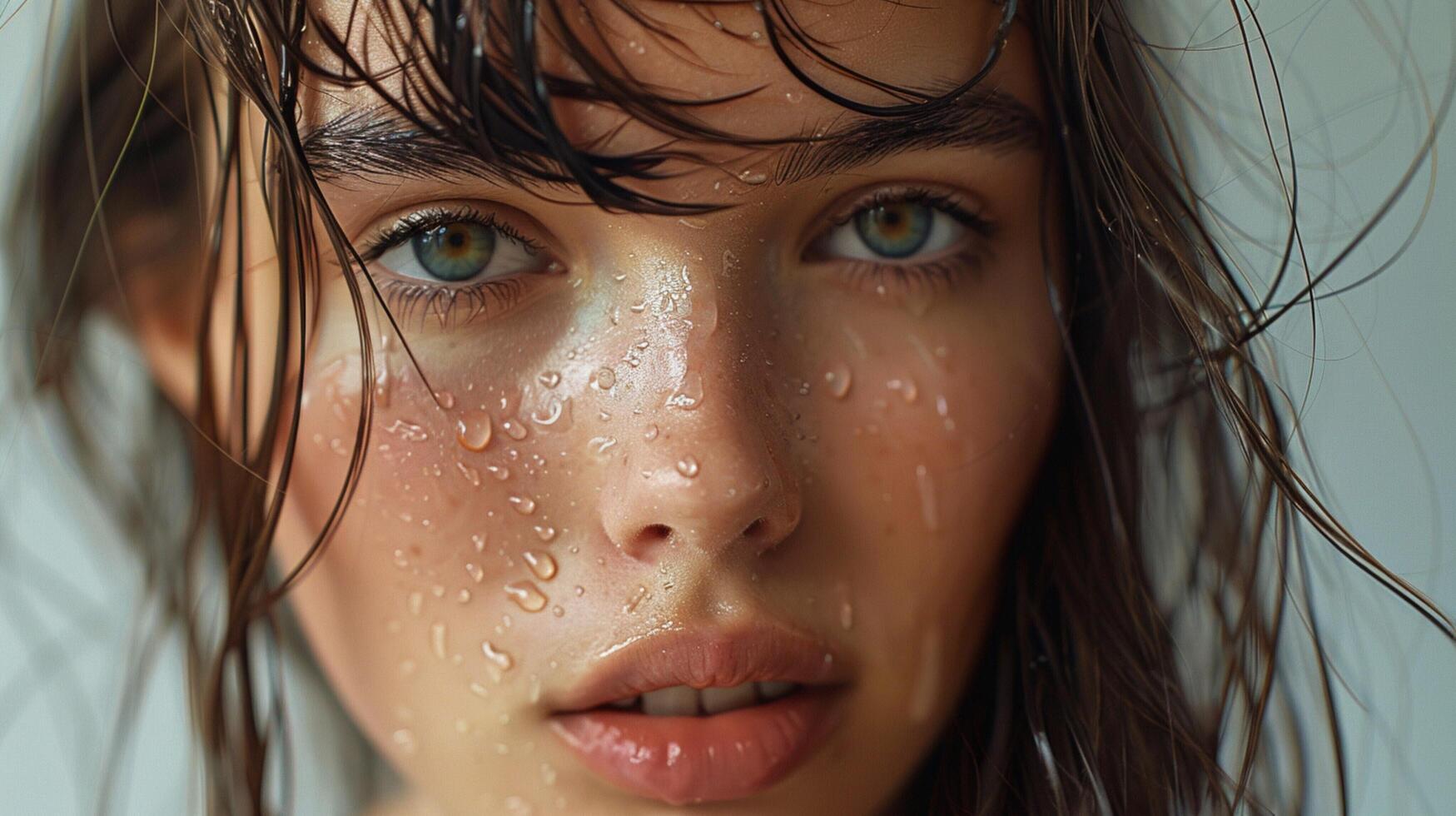 bellissimo giovane donna con bagnato Marrone capelli guardare foto