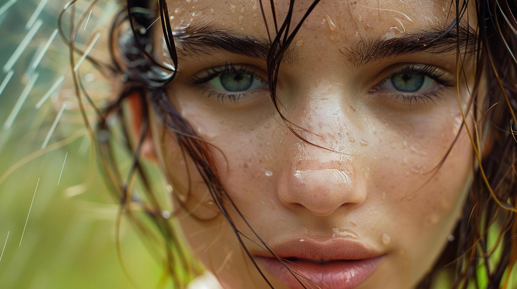 bellissimo giovane donna con bagnato Marrone capelli guardare foto