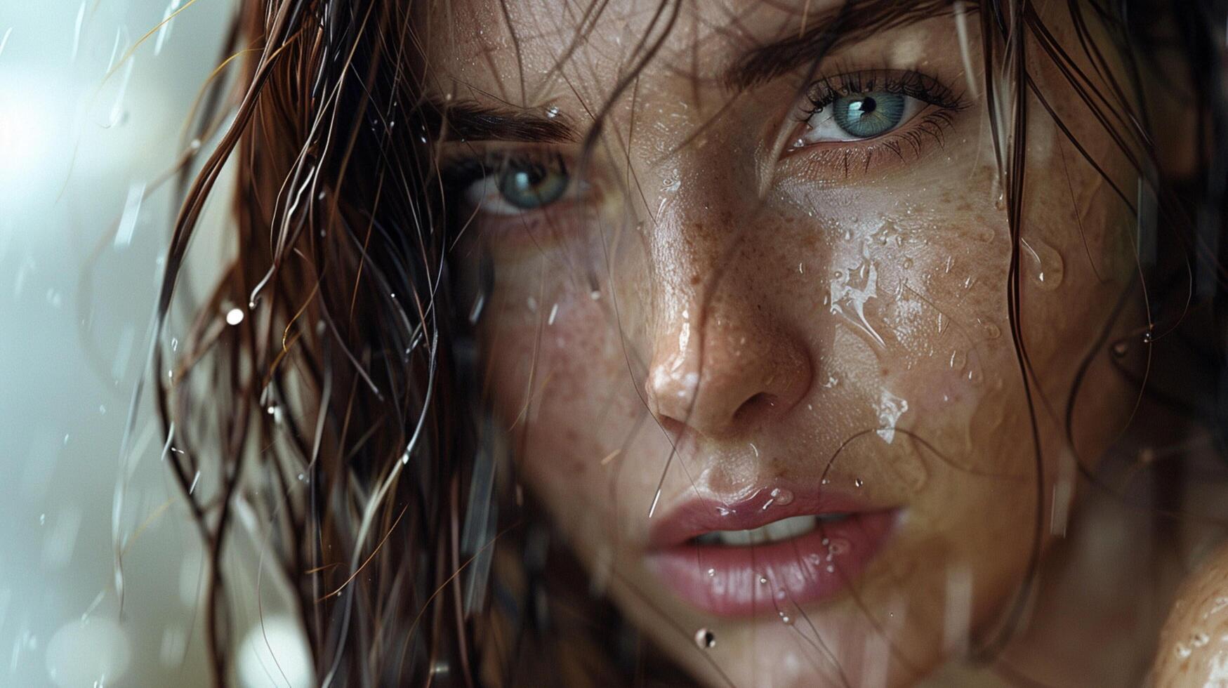 bellissimo giovane donna con bagnato Marrone capelli guardare foto