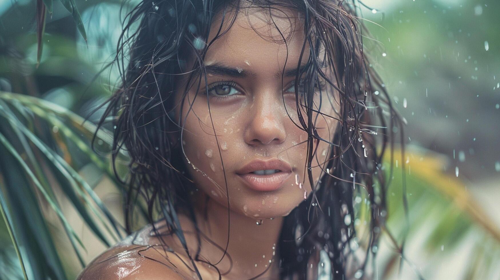 bellissimo giovane donna con bagnato capelli guardare foto