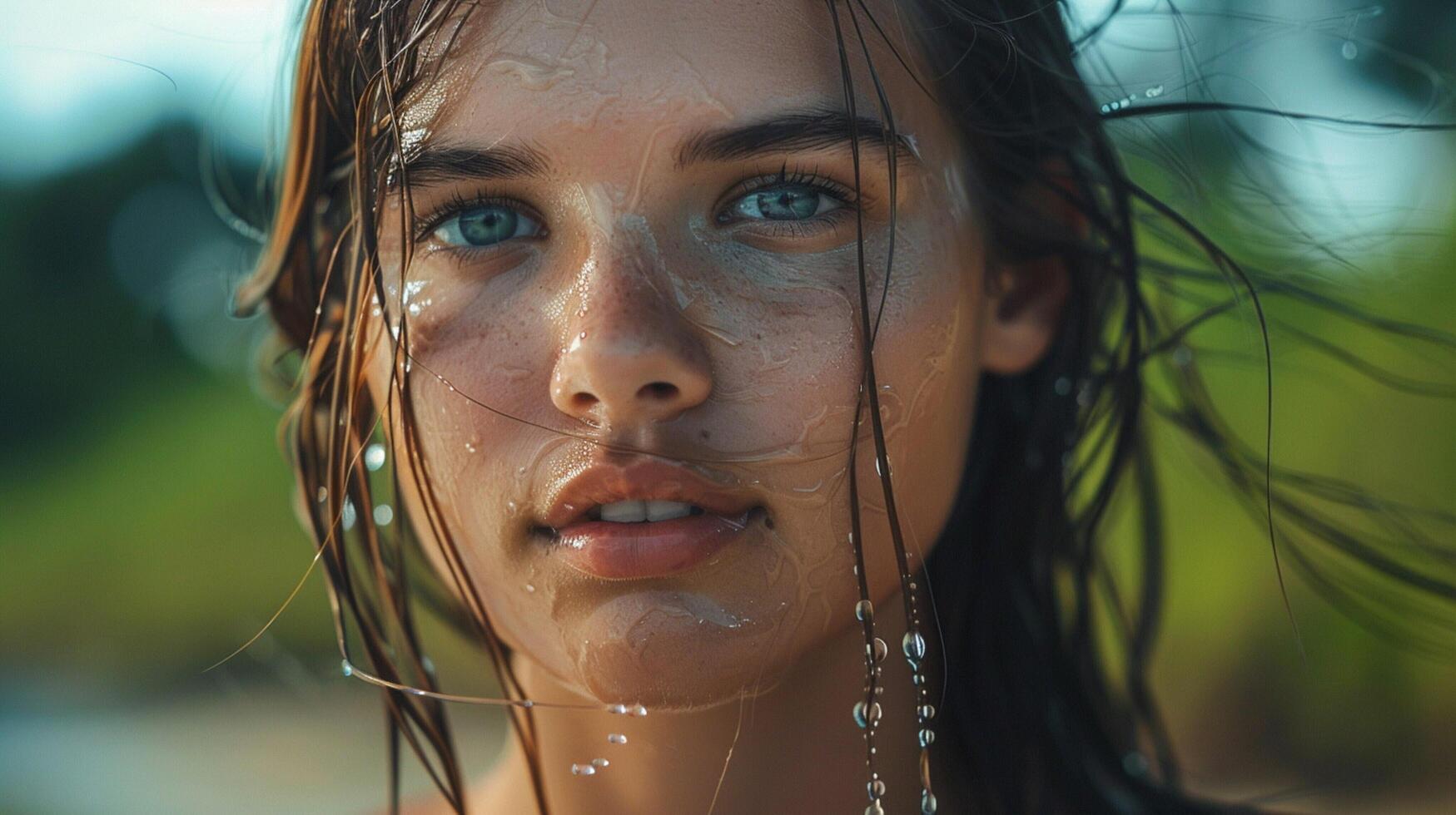 bellissimo giovane donna con bagnato capelli guardare foto