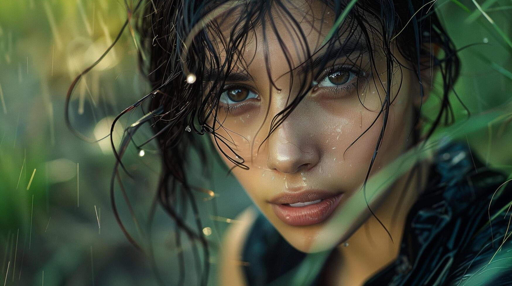 bellissimo giovane donna con bagnato capelli guardare foto