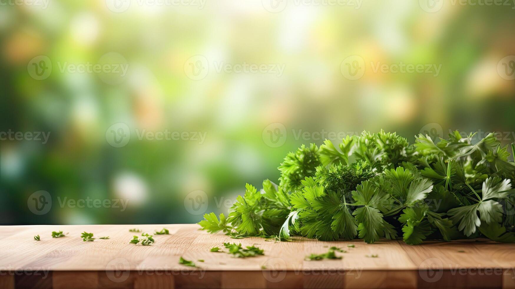 taglio tavola e mazzo di prezzemolo. vuoto spazio per attività commerciale modello e Prodotto presentazione nel cucina. concetto di cibo e cucina. foto