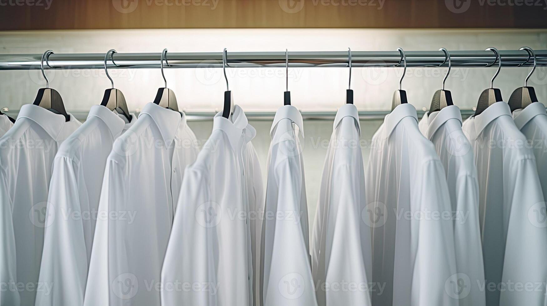appendiabiti con bianca camicie. impostato di formale Abiti. memorizzare con un' adattamento camera o condimento camera. foto