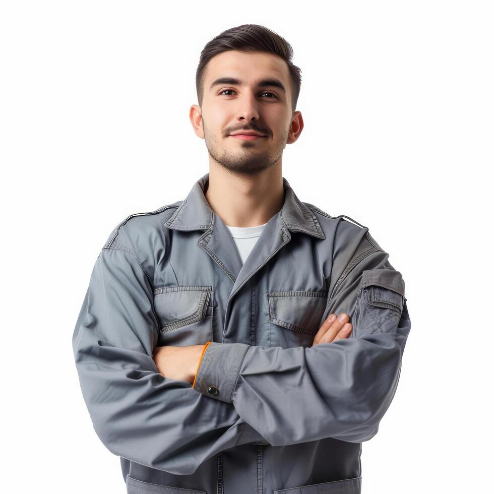 ritratto di un' giovane uomo nel uniforme isolato su bianca sfondo foto