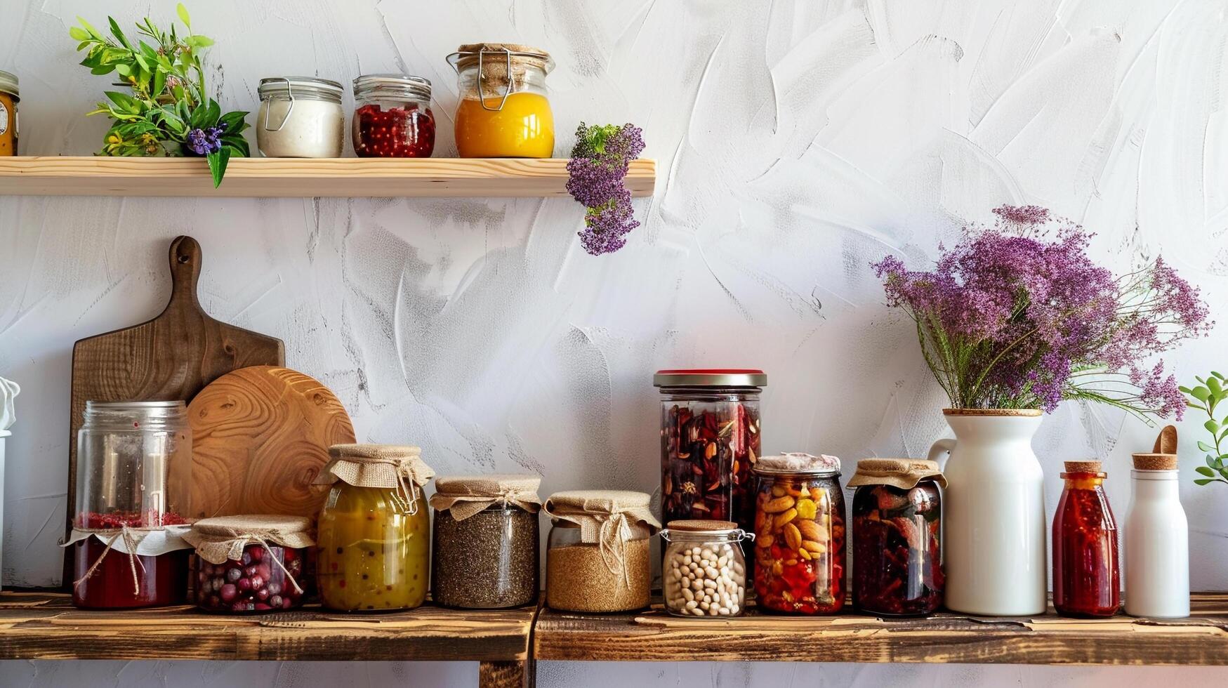 cucina dispensa con vuoto vaso mockup per fatti in casa conserve e salse foto