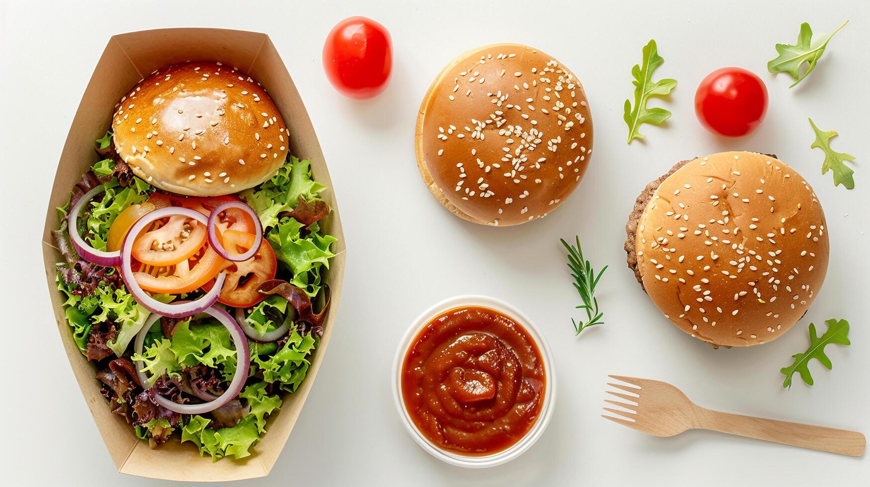 superiore Visualizza di delizioso hamburger e fresco verdura ingredienti su bianca sfondo foto