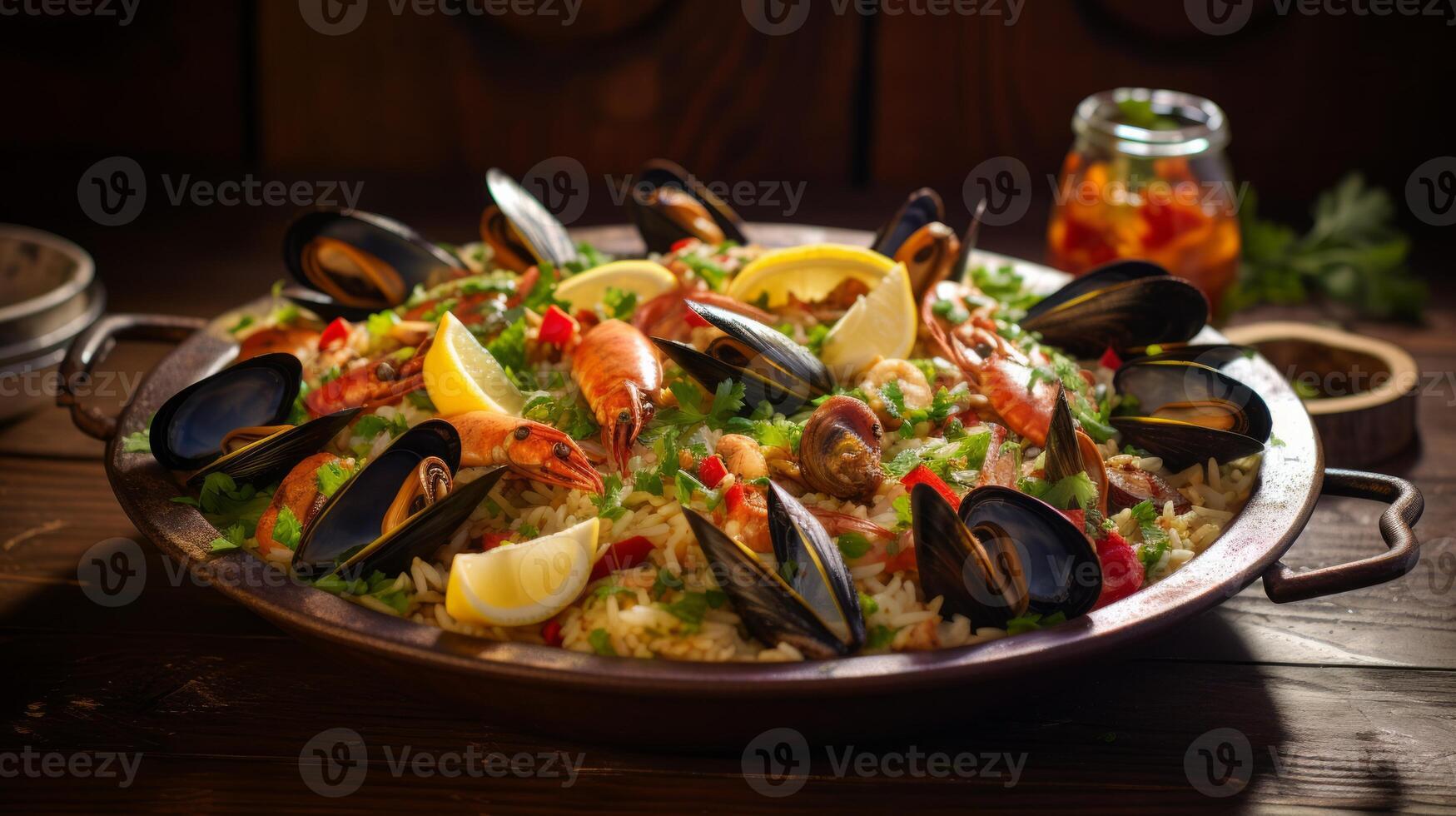 tipico spagnolo frutti di mare paella nel tradizionale padella. neurale Rete foto