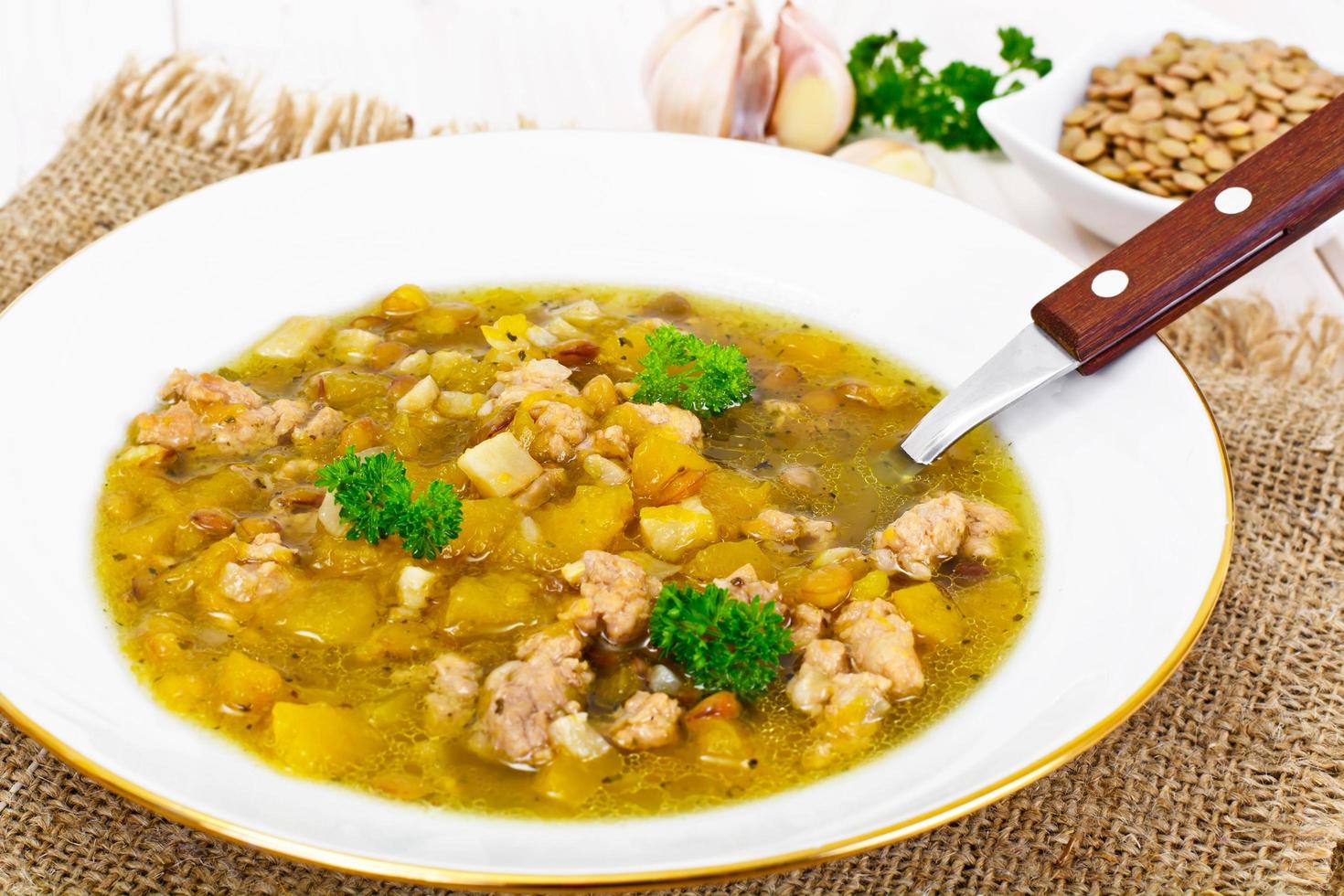 zuppa di lenticchie con carne macinata, sedano rapa, zucca, cipolla foto