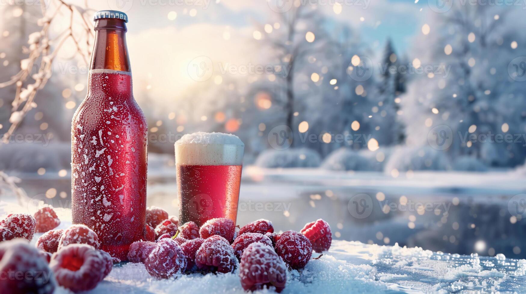 bottiglia e bicchiere di lampone birra e fresco lamponi nel un' nevoso inverno paesaggio. foto