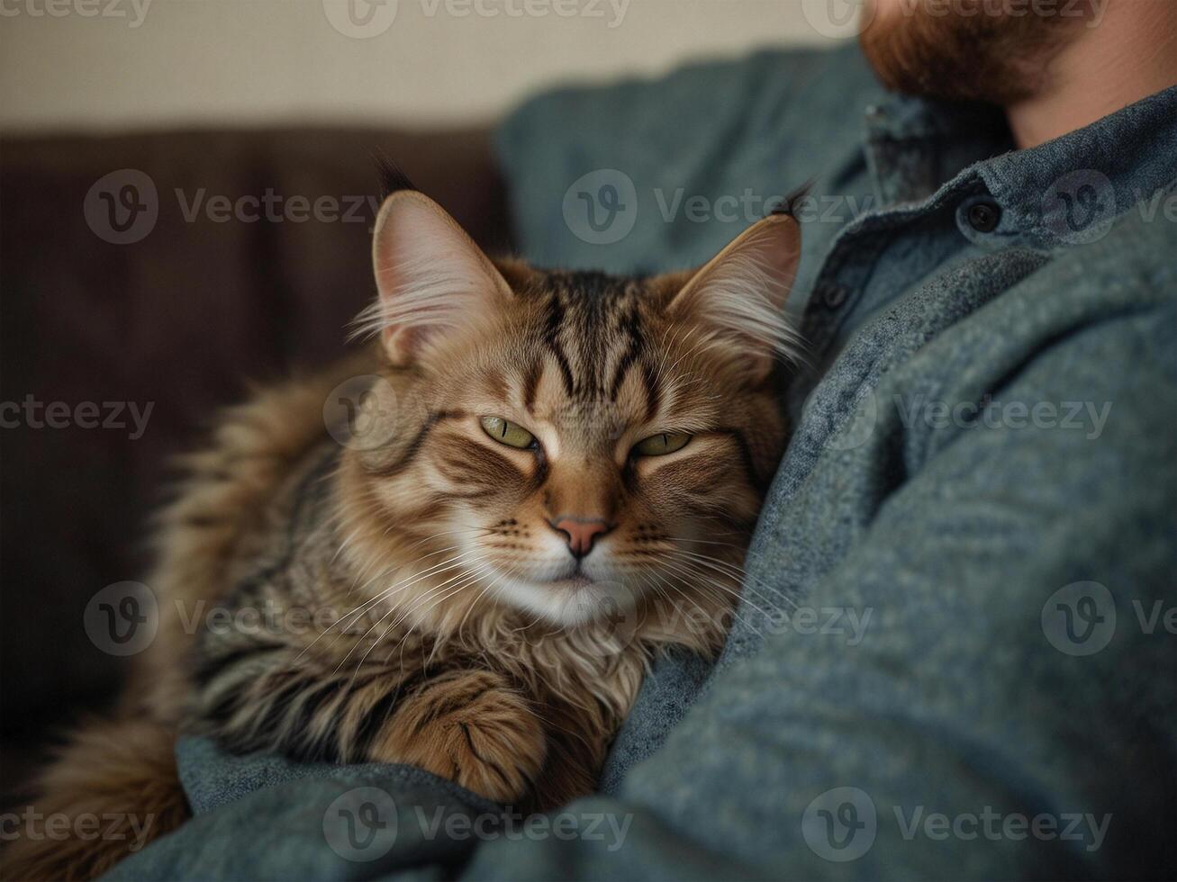 un' persona culle un' carino soriano gatto nel il suo giro. chiuso su tiro di un' soffice soriano gatto dormire su un' uomo giro. foto