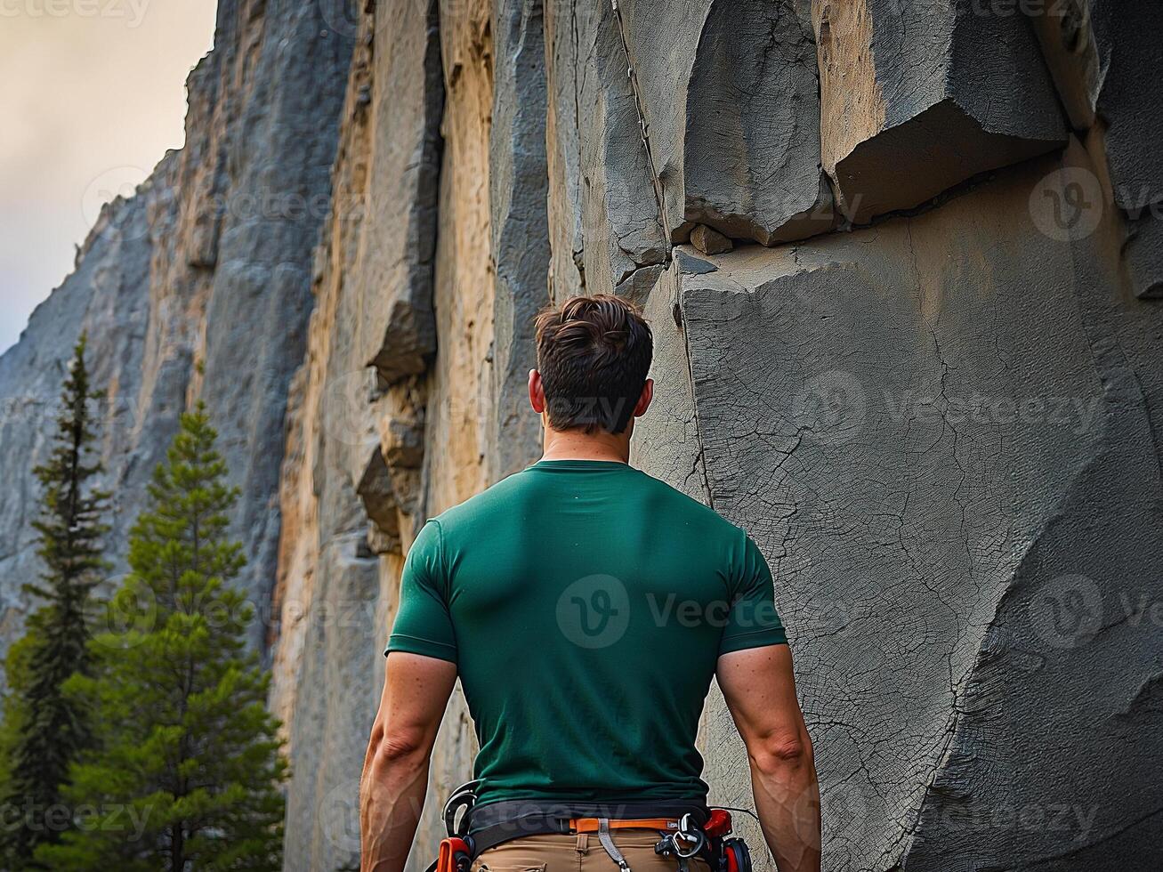 posteriore Visualizza di maschio montagna scalatore di fronte alto roccioso montagna. maschio montagna scalatori conquistare roccioso altezza. foto