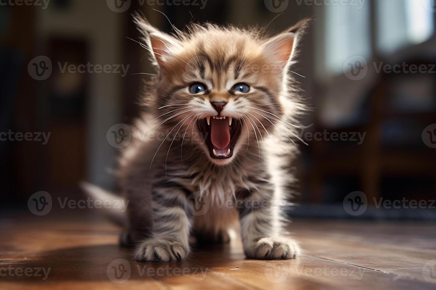 un' Affamato gattino miagola a voce alta mentre seduta su il pavimento. foto