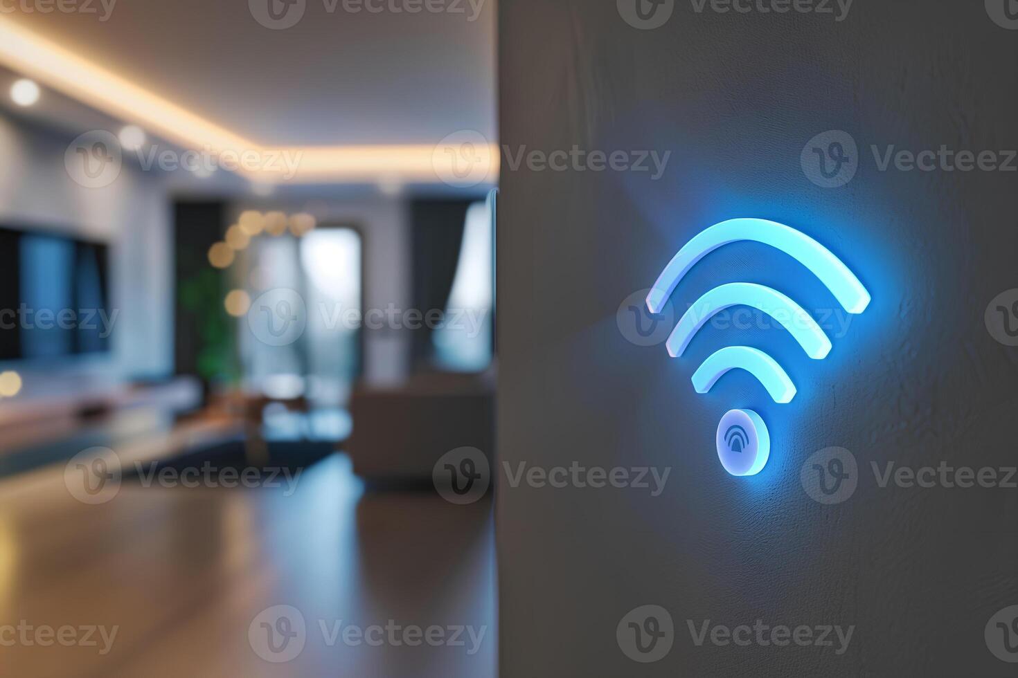 un' Wi-Fi estensore, blu Wi-Fi simbolo, collegato inteligente casa. foto