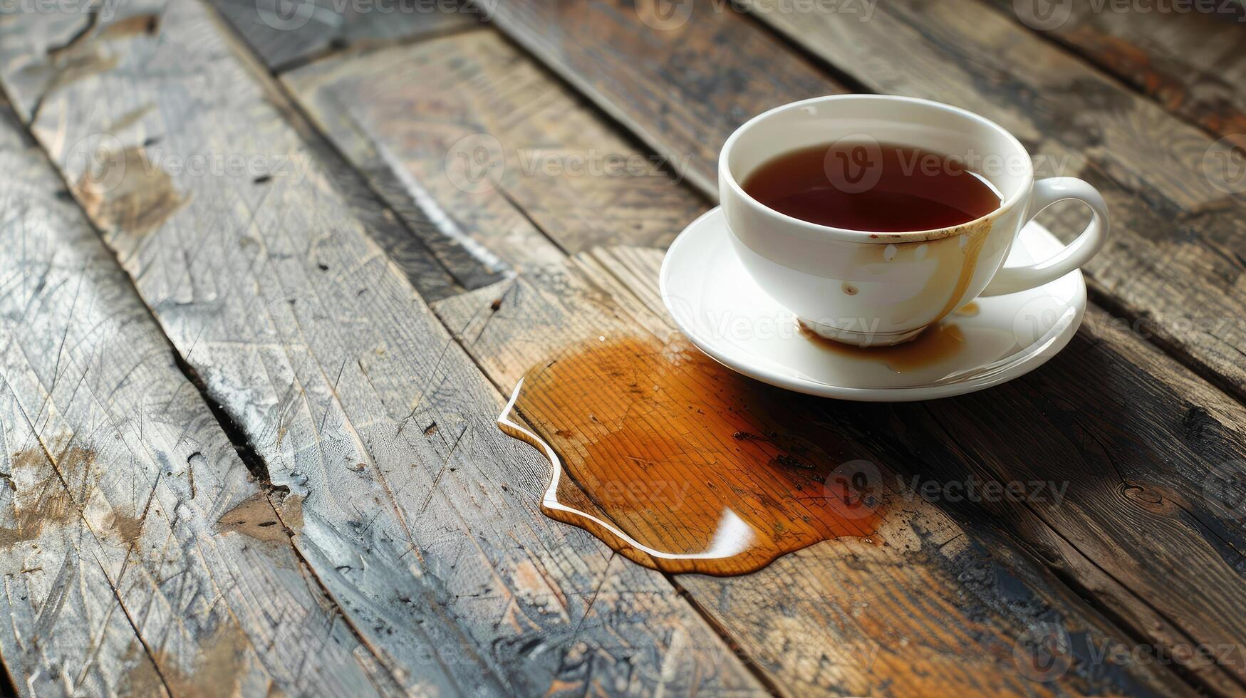 un traboccante tazza di tè rovesciato su il di legno tavolo. foto