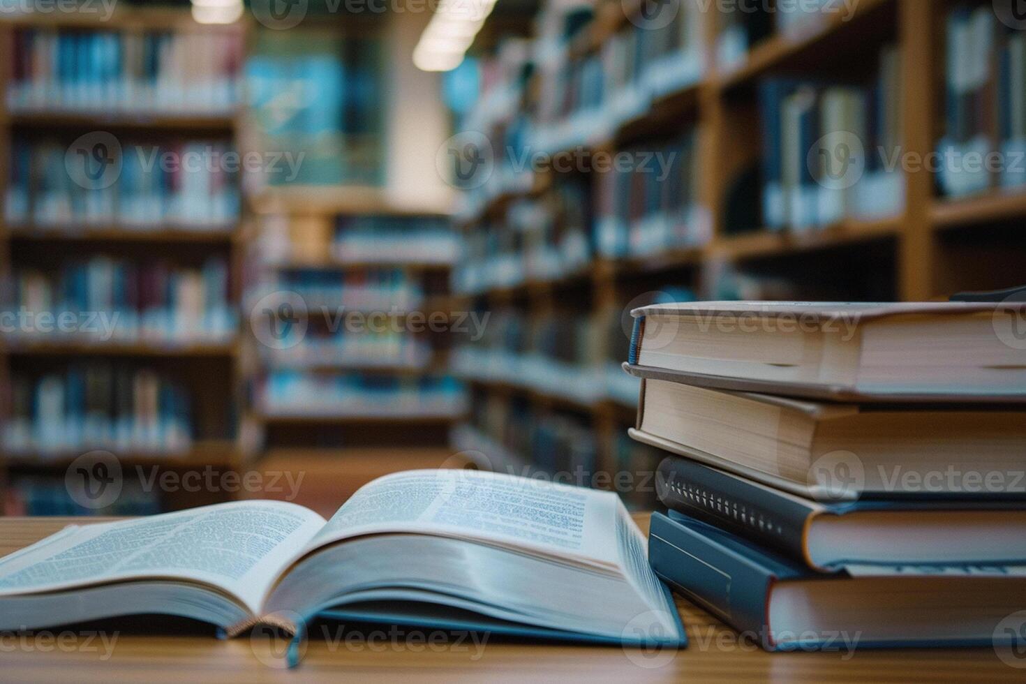 Aperto libro su un' tavolo con pile di libri su il lati. sfocato moderno biblioteca su un' sfondo. foto