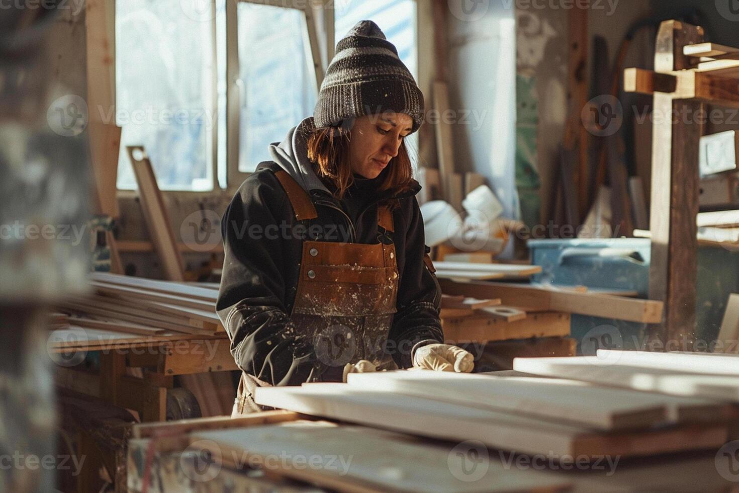 donna bello falegname Lavorando con legna nel officina. foto